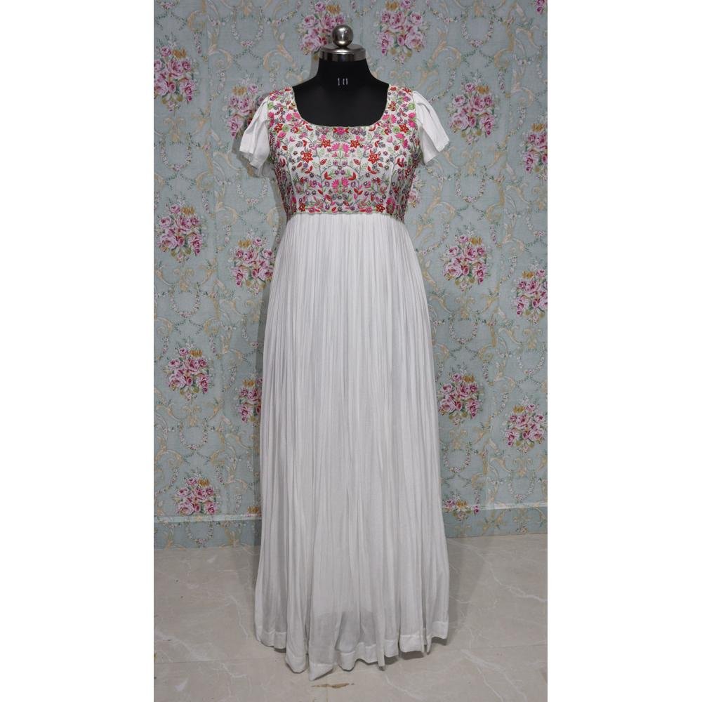 elegant white georgette long frock